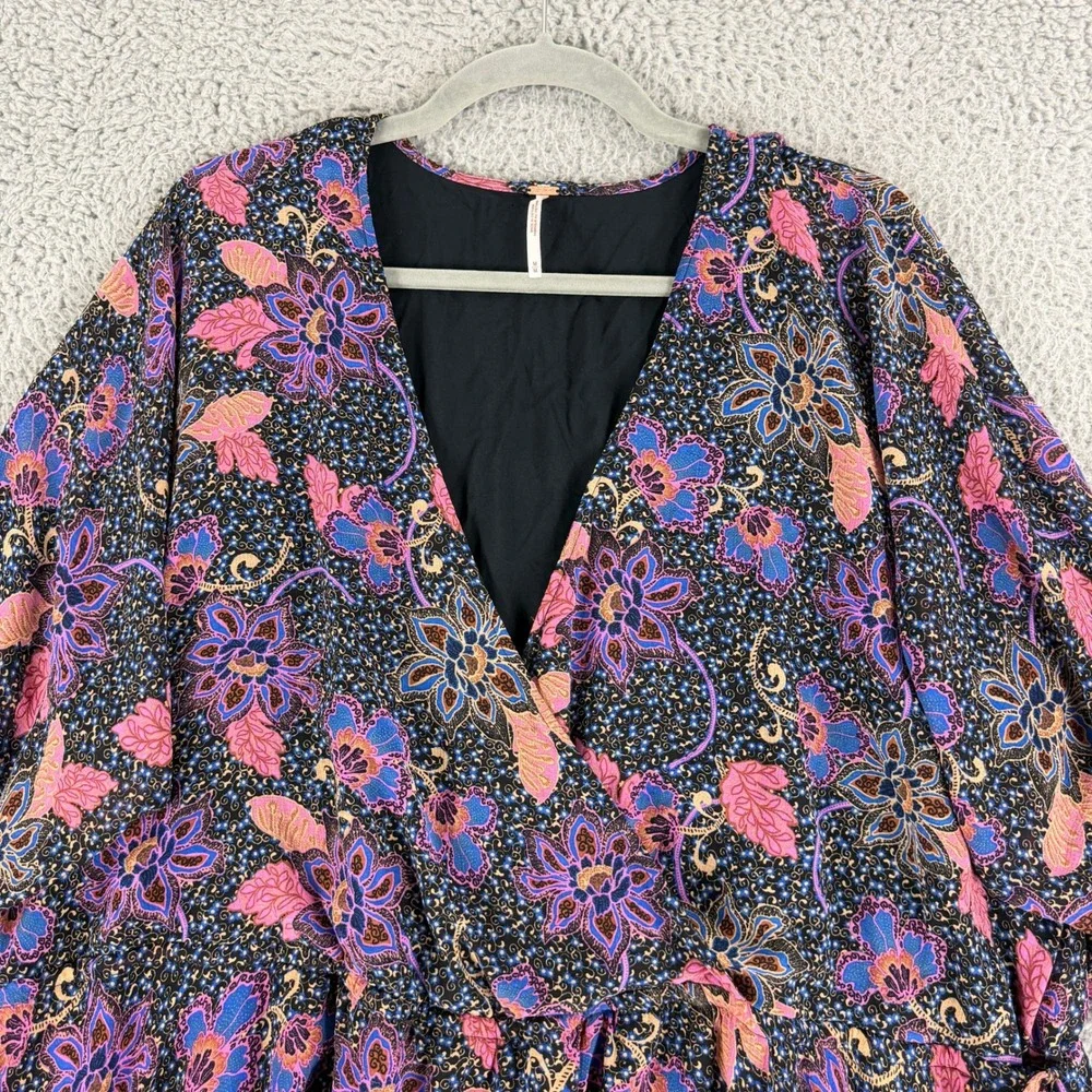 Free People Mini Dress Womens Medium Black Floral‎ Boho Wrap V-Neck OB1418794